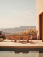Desert dining delight, alfresco elegance against mountain backdrop. photo