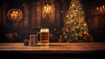 Holiday beer toast in a festive pub setting with Christmas tree backdrop. photo