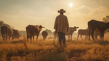 Cowboy leading cattle in a field at sunrise, a farmer's early morning. photo