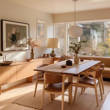 natural ligero inundaciones esta calentar comida área, destacando el moderno mobiliario y sereno neutral color paleta para un elegante y atractivo sentir. foto