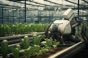 Agriculture evolves with a robotic arm ensuring optimal plant growth in a controlled environment. . photo