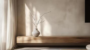 a portrait close-up photo focusing on traditional Japanese furniture in house, living room and plant pots and similar elements that capture the essence of Wabi-Sabi
