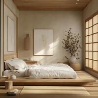 a portrait photo, focusing on living room and traditional spaces in Japandi-style homes, capturing the essence of traditional architecture. Japanese and Scandinavian photo