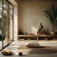 a portrait photo, focusing on living room and traditional spaces in Japandi-style homes, capturing the essence of traditional architecture. Japanese and Scandinavian photo