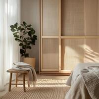 a portrait photo, focusing on living room and traditional spaces in Japandi-style homes, capturing the essence of traditional architecture. Japanese and Scandinavian photo