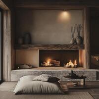 a portrait photo, focusing on living room and traditional spaces in Japandi-style homes, capturing the essence of traditional architecture. Japanese and Scandinavian photo