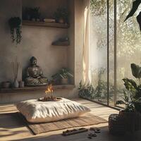 a portrait photo, focusing on living room and traditional spaces in Japandi-style homes, capturing the essence of traditional architecture. Japanese and Scandinavian photo