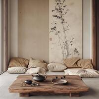 a portrait photo, focusing on living room and traditional spaces in Japandi-style homes, capturing the essence of traditional architecture. Japanese and Scandinavian photo