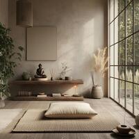a portrait photo, focusing on living room and traditional spaces in Japandi-style homes, capturing the essence of traditional architecture. Japanese and Scandinavian photo