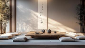 a portrait photo, focusing on living room and traditional spaces in Japandi-style homes, capturing the essence of traditional architecture. Japanese and Scandinavian photo