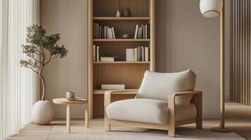 a portrait photo, focusing on living room and traditional spaces in Japandi-style homes, capturing the essence of traditional architecture. Japanese and Scandinavian photo