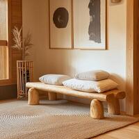 a portrait photo, focusing on living room and traditional spaces in Japandi-style homes, capturing the essence of traditional architecture. Japanese and Scandinavian photo