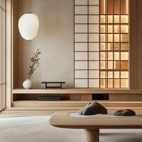 a portrait photo, focusing on living room and traditional spaces in Japandi-style homes, capturing the essence of traditional architecture. Japanese and Scandinavian photo