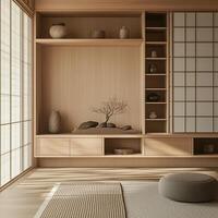 a portrait photo, focusing on living room and traditional spaces in Japandi-style homes, capturing the essence of traditional architecture. Japanese and Scandinavian photo