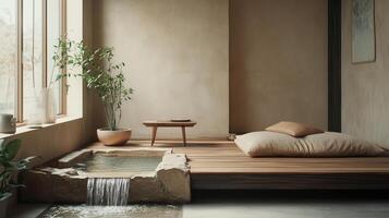 a portrait photo, focusing on living room and traditional spaces in Japandi-style homes, capturing the essence of traditional architecture. Japanese and Scandinavian photo