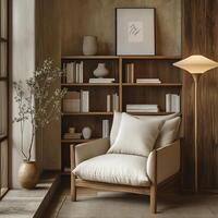a portrait photo, focusing on living room and traditional spaces in Japandi-style homes, capturing the essence of traditional architecture. Japanese and Scandinavian photo