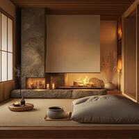 a portrait photo, focusing on living room and traditional spaces in Japandi-style homes, capturing the essence of traditional architecture. Japanese and Scandinavian photo
