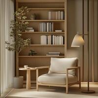 a portrait photo, focusing on living room and traditional spaces in Japandi-style homes, capturing the essence of traditional architecture. Japanese and Scandinavian photo