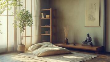 a portrait photo, focusing on living room and traditional spaces in Japandi-style homes, capturing the essence of traditional architecture. Japanese and Scandinavian photo