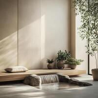 a portrait photo, focusing on living room and traditional spaces in Japandi-style homes, capturing the essence of traditional architecture. Japanese and Scandinavian photo