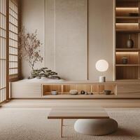 a portrait photo, focusing on living room and traditional spaces in Japandi-style homes, capturing the essence of traditional architecture. Japanese and Scandinavian photo