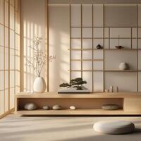 a portrait photo, focusing on living room and traditional spaces in Japandi-style homes, capturing the essence of traditional architecture. Japanese and Scandinavian photo