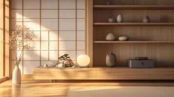a portrait photo, focusing on living room and traditional spaces in Japandi-style homes, capturing the essence of traditional architecture. Japanese and Scandinavian photo