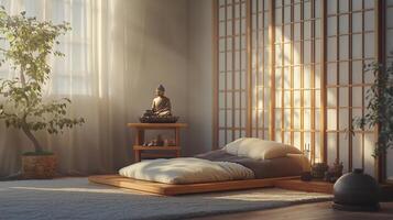 a portrait photo, focusing on living room and traditional spaces in Japandi-style homes, capturing the essence of traditional architecture. Japanese and Scandinavian photo