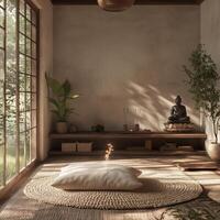 a portrait photo, focusing on living room and traditional spaces in Japandi-style homes, capturing the essence of traditional architecture. Japanese and Scandinavian photo