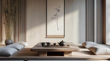a portrait photo, focusing on living room and traditional spaces in Japandi-style homes, capturing the essence of traditional architecture. Japanese and Scandinavian photo