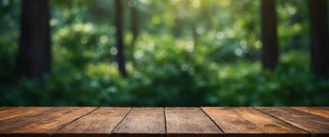 Blurred abstract green bokeh and wooden table background , for montage product display design. photo