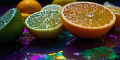 Close-up image of neon-colored citrus fruit slices with a psychedelic, glowing effect. photo