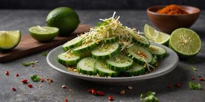 A refreshing scene of sliced cucumbers and jicama sticks sprinkled with chili powder and lime juice. photo