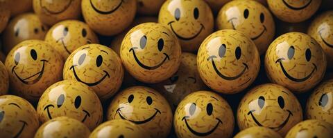 A background filled with smiley face balls, softened by a vintage light filter effect, radiating positivity and happiness. photo