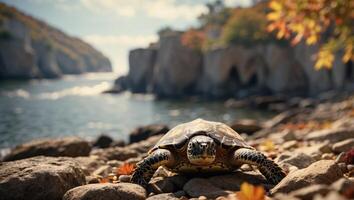 An Ancient Amphitheater City Finds a New Home on a D Rendered Sea Turtle in a Rocky Shore at Autumn Afternoon. photo
