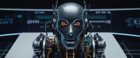 An head robot observes a virtual dashboard from above a podium, symbolizing supercomputing and machine learning technologies. photo
