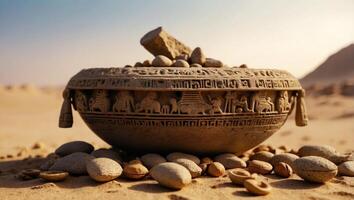 Ancient Egyptian Offering with Hieroglyphic Screws and Nuts on HighTechnology Desert Background. photo