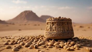 Ancient Egyptian Offering with Hieroglyphic Screws and Nuts on HighTechnology Desert Background. photo