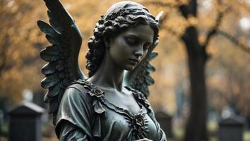 Angel statue in the cemetery with bokeh effect and copy space. photo