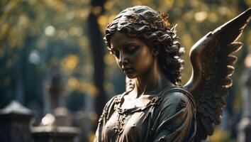 Angel statue in the cemetery with bokeh effect and copy space. photo