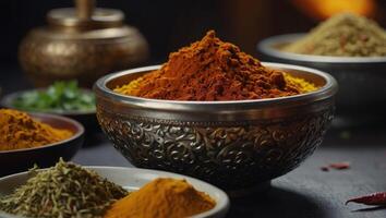 Asian cuisine with a low angle view of bowls of colourful spices with focus to a bowl of turmeric based curry powder. photo