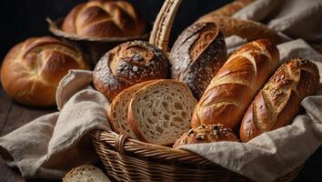 Assorted bread varieties in a charming basket, ready to be enjoyed Flat lay with copy space. photo