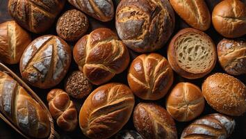 Assorted bread varieties in a charming basket, ready to be enjoyed Flat lay with copy space. photo