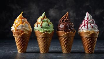 Assorted ice cream flavours in delightful waffle cones, a treat for every taste bud Over stone background with copy space Flat lay. photo