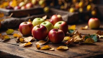 Autumn background with apples and leaves on wooden board Top view with copy space. photo