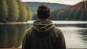 Back view of a man wearing sweatshirt standing in front of lake with forest blurred background. photo