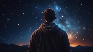 Back view of man looking at night sky with stars and nebula. photo