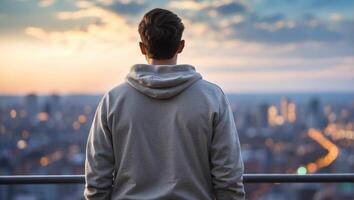 Back view of a man wearing sweatshirt standing on a high place with sky and city blurred background. photo