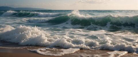 Background image of the beauty of the sea element is a mass of sea waves rolling ashore with caps of white foam. photo