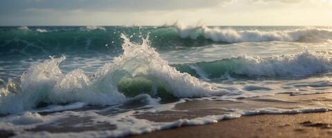 Background image of the beauty of the sea element is a mass of sea waves rolling ashore with caps of white foam. photo
